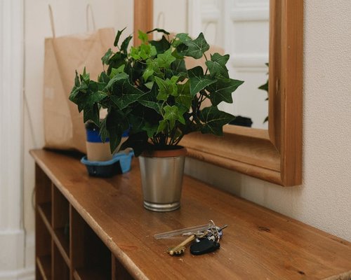 Keys and bag left on the hallway table after coming back home